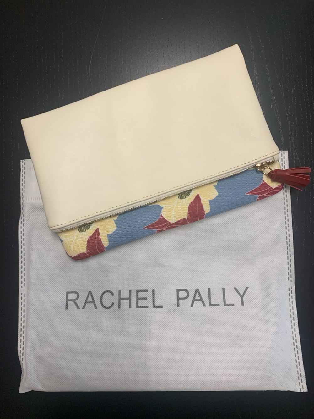 Rachel Pally Reversible Cream Fold-Over Clutch with Blue Floral Panel